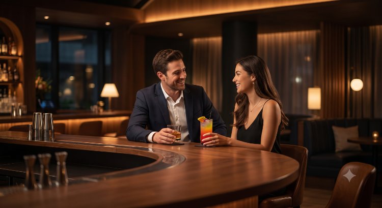 おしゃれで落ち着いた雰囲気のバーのカウンターで、笑顔で会話を楽しむ大人の男女。