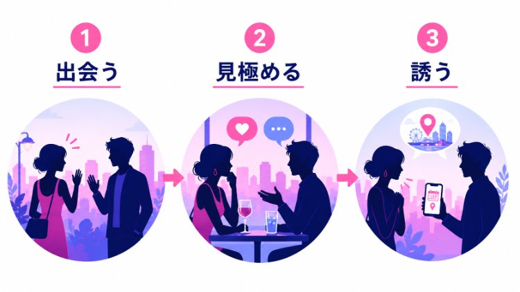 ワンナイトする方法の3ステップの流れを示すイラスト
